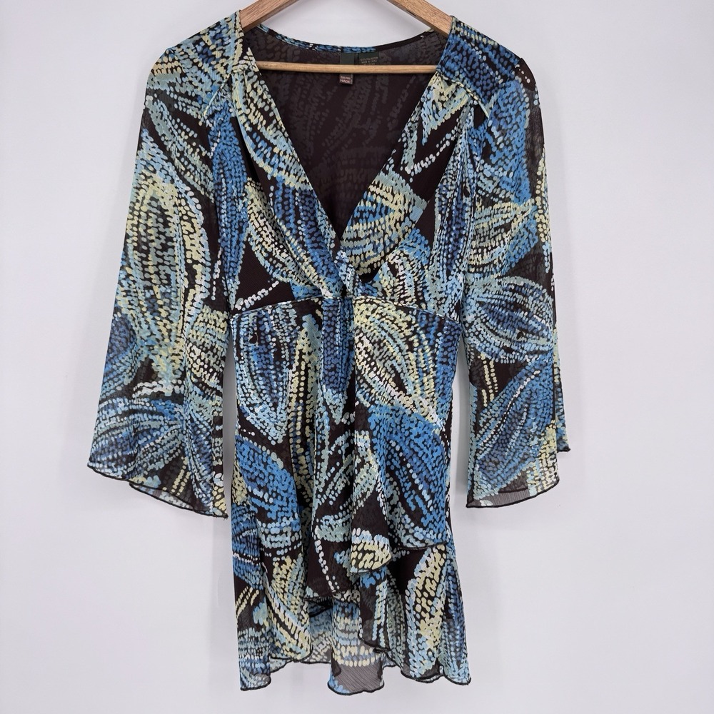 SereNade New York Sheer V-Neck Blouse Bell‎ Sleeve Blue Abstract Boho Large